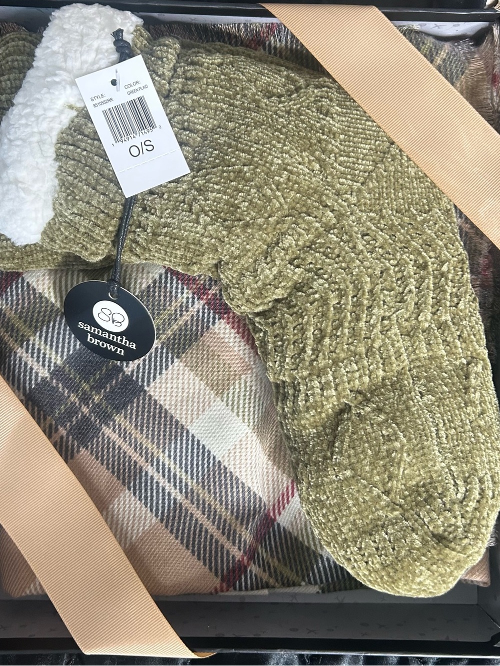 Samantha Brown Olive Chenille Slipper Socks and Scarf gift set